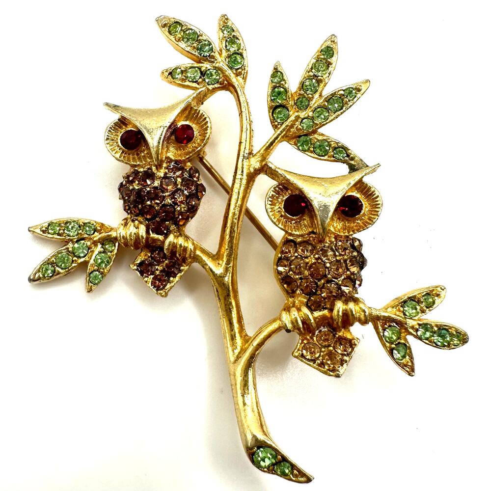 Vintage gold tone multicolor uranium glass rhinestones owls tree figural brooch